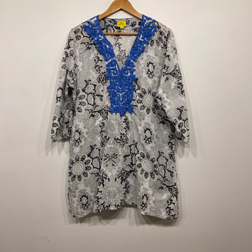 Roller Rabbit Cotton Beach Coverup Tunic XL Black White Floral Blue Embroidery